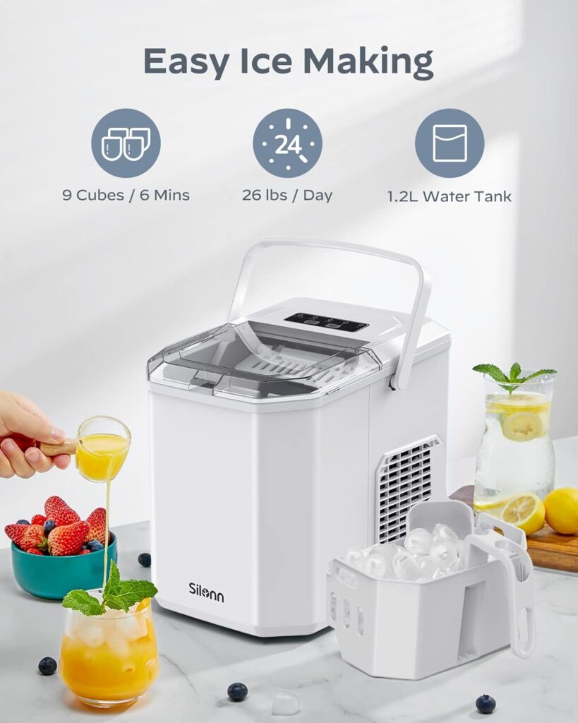Silonn Ice Maker Countertop, Portable Ice Machine with Carry Handle, Self-Cleaning Ice Makers with Basket and Scoop, 9 Cubes in 6 Mins, 26 lbs per Day, Ideal for Home, Kitchen, Camping, RV